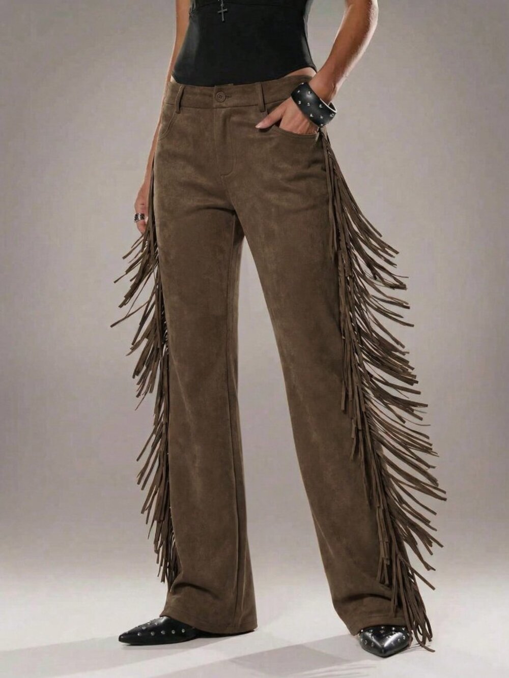 Brown Western Women Flare Pants with Pockets